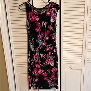 Chaps Black Knee-length Dress with Pink and Purple Floral Pattern